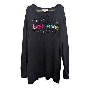 CJ Banks Believe Sweater Womens Size 2X Black Embellished Christmas Holiday Knit